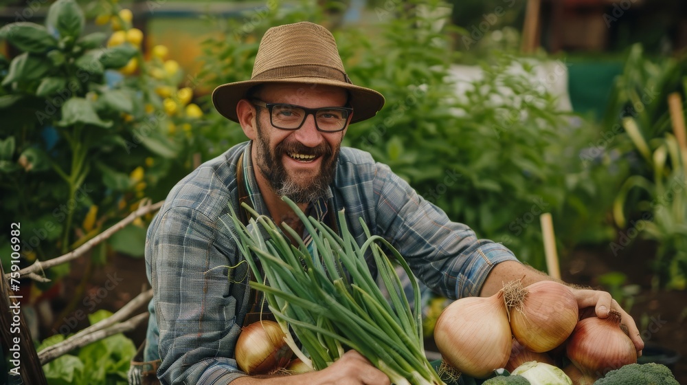 A man in a hat and glasses holding a bunch of fresh vegetables