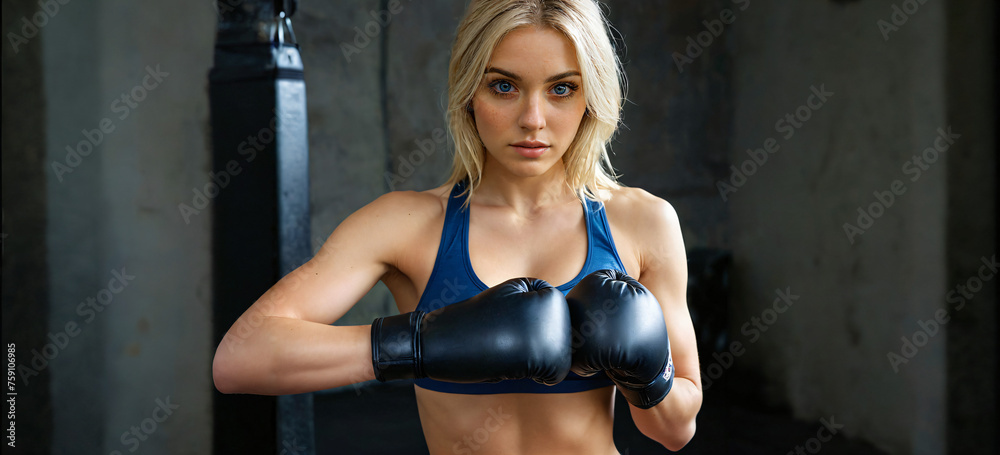 Wysportowana blond dziewczyna kobieta w rękawicach bokserskich pozuje na tle ciemnej ściany i worka bokserskiego - obrazy, fototapety, plakaty 