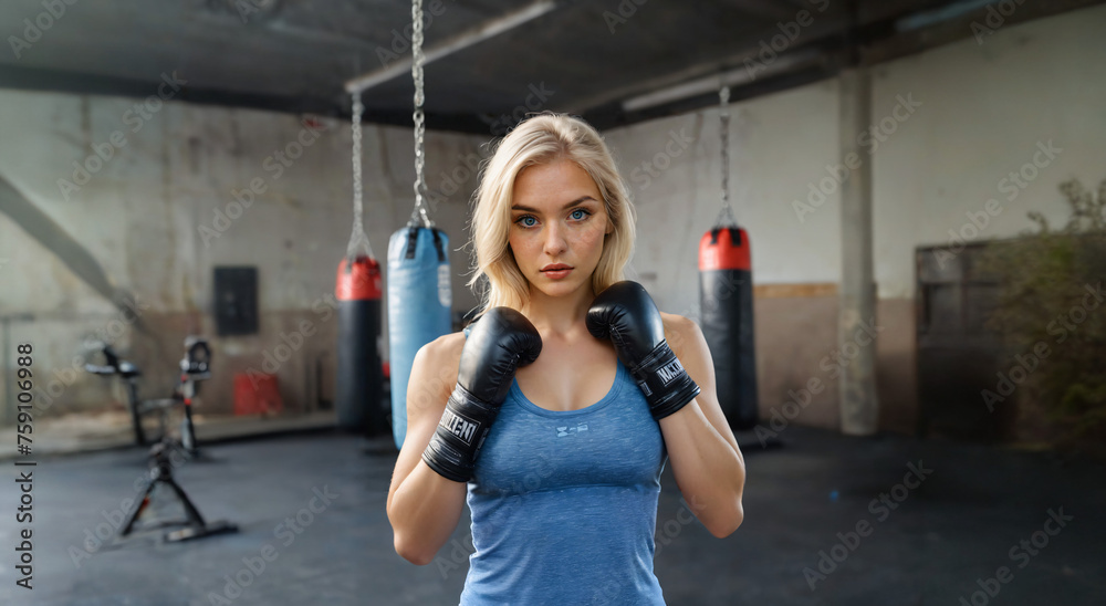 Naklejka premium Młoda blond kobieta o niebieskich oczach pozuje w rękawicach bokserskich na tle sali treningowej w której wiszą worki bokserskie