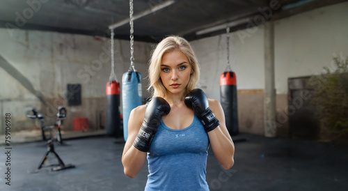 Młoda blond kobieta o niebieskich oczach pozuje w rękawicach bokserskich na tle sali treningowej w której wiszą worki bokserskie