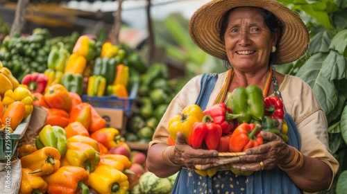 A woman in a straw hat gracefully holds a basket filled with colorful peppers