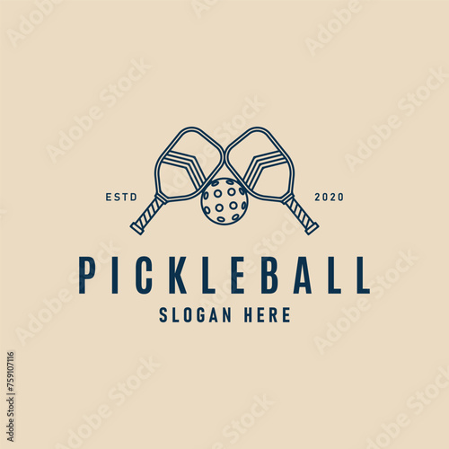 pickle ball logo line art with rackets and ball icon vector illustration design