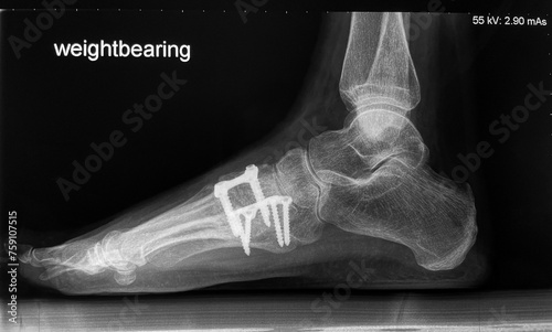 X ray of a foot that has had metal screws and plates inserted photo