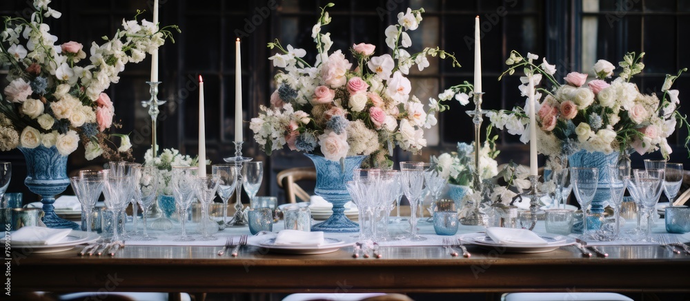 Wedding guest table adorned with floral arrangement and tableware Wedding guest table adorned with floral arrangement and tableware