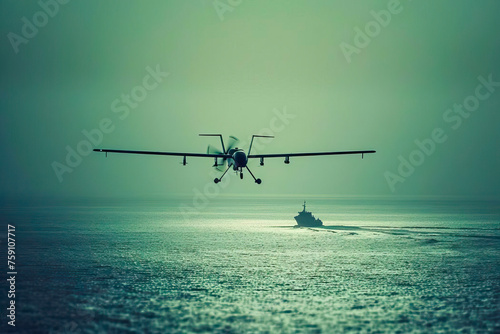 Military unmanned aerial vehicle, flies over a boat sailing in the ocean. © vladim_ka