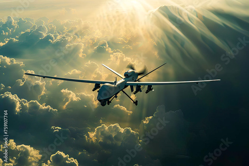 A military unmanned aerial vehicle soaring in the sky above fluffy clouds.
