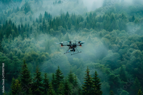 Drone flies above a dense forest of green trees.