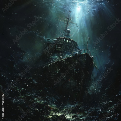 underwater , a derelict ship, a digital paintings 