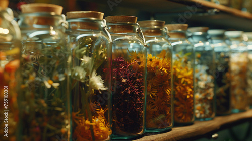 A mesmerizing close-up of intricate herbal infusions steeping in glass jars, releasing their therapeutic properties and aromatic essence, inviting viewers to indulge in the sensory experience .