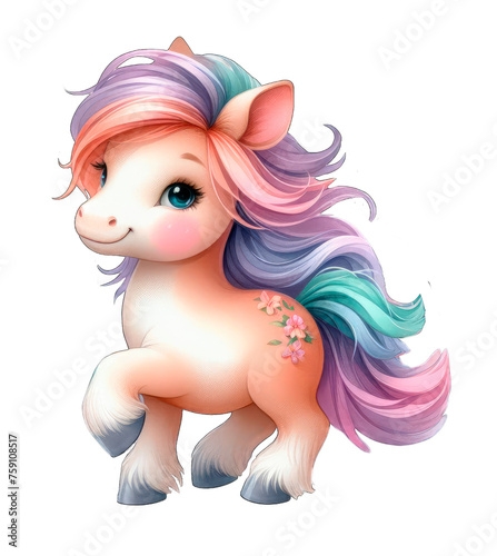 Little pony horse unicorn with a colored mane and tail. Watercolor illustration