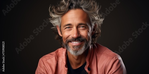 a close up of a person with a beard, color photograph portrait, dark grey haired man, man in his 40s, portrait photography, short dark blond beard, man in his 30s, smiling man, gray hair and beard
