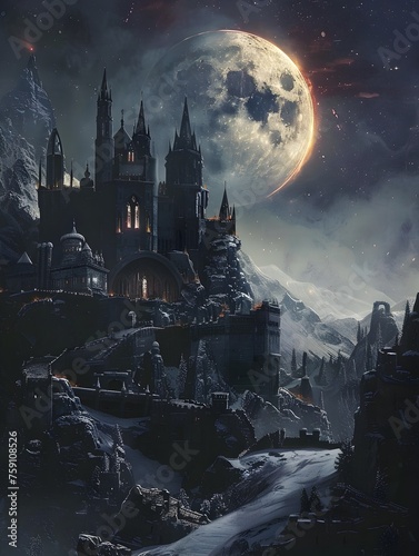 Gothic Castle Illustration with Mountain and Red Moon at Night © Mickey