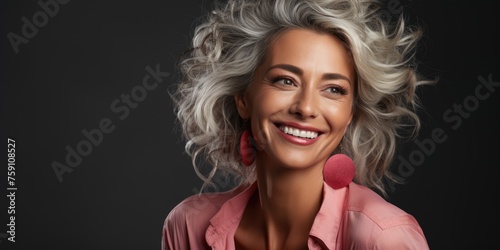 a woman with grey hair wearing a pink shirt,  tanned beauty portrait, radiant cut,  smiling at the viewer, bright red lipstick, lots of wrinkles, age 50+