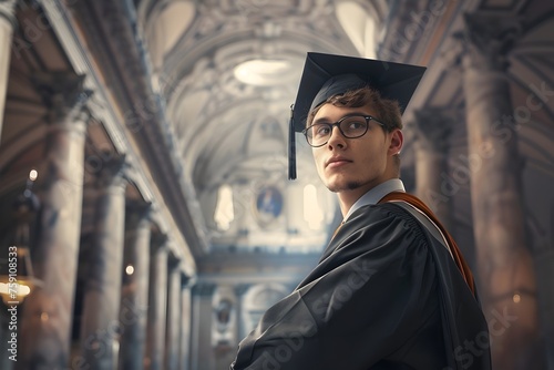 Graduate Standing in Library and Courtyard, To convey a sense of achievement and ambition in education and future career