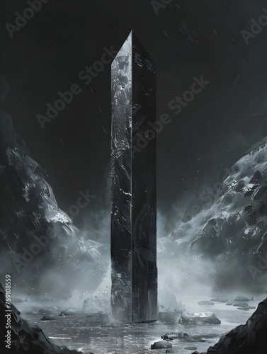 Ice-Covered Black Monolith in Dark Water photo