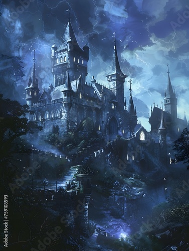 Intricate Castle Night Illustration in the Style of Dark Fantasy and Academia