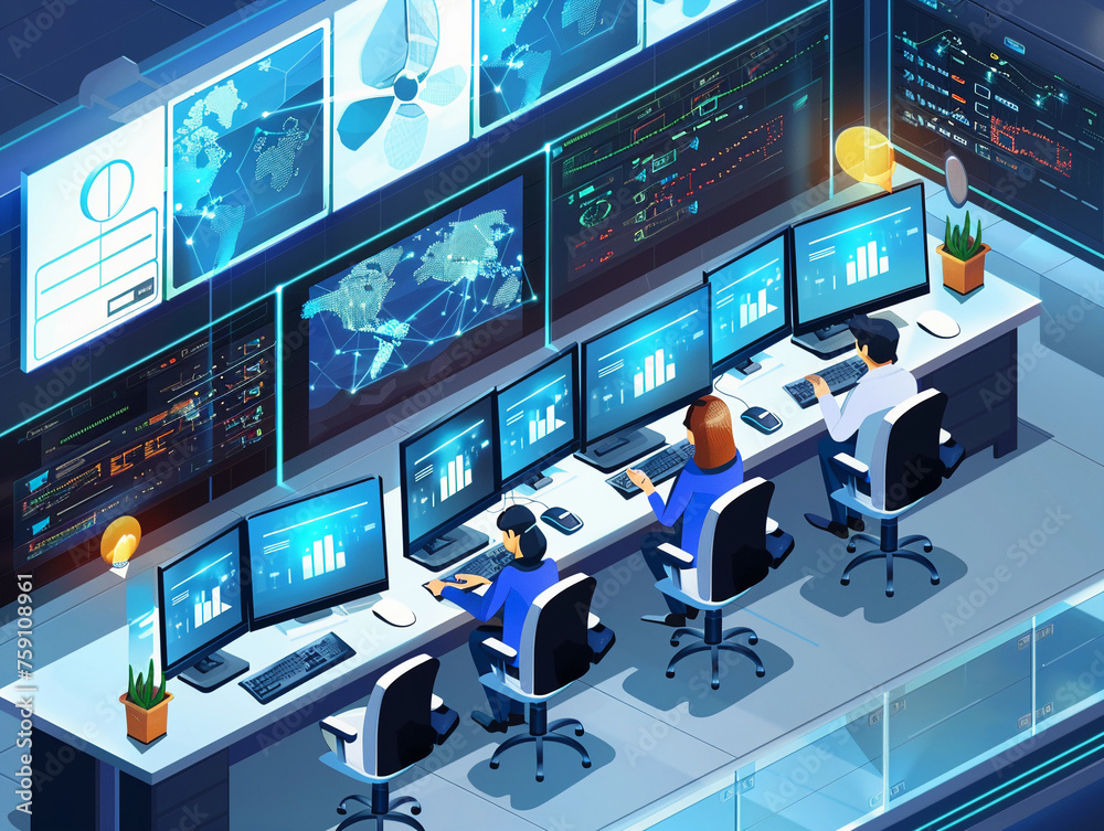 Fototapeta premium Network Operations Center, Information Processing Center or Online Customer Support Center 