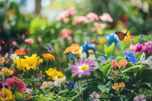 A vibrant spring garden in full bloom. Colorful flowers in various shapes and sizes fill the frame  with butterflies fluttering amongst them.