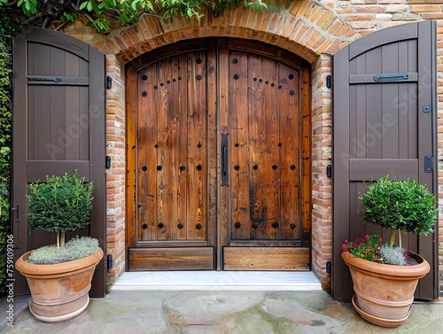 Decorative main entrance solid wooden door on a brick house with 