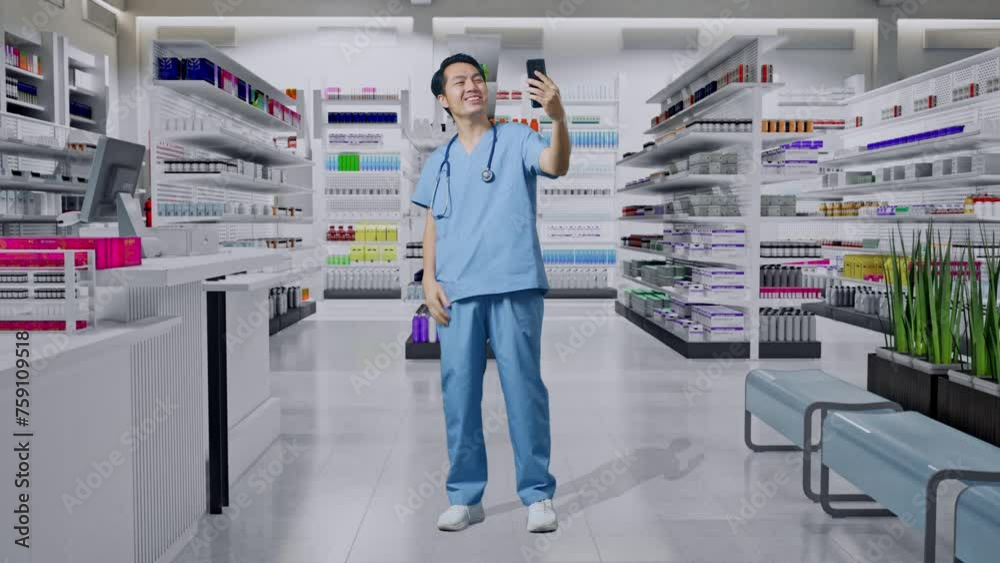 Full Body Of Asian Male Doctor With Stethoscope Waving Hand And Having A Video Call On Smartphone While Standing In Pharmacy Full Body Of Asian Male Doctor With Stethoscope Waving Hand And Having A Video Call On Smartphone While Standing In Pharmacy