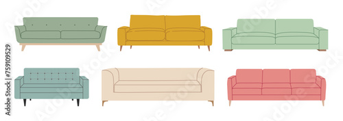 Set of trendy scandinavian sofas and couches. Modern, comfortable soft furniture collection for cozy home design. Colorful flat vector illustration isolated on white background.