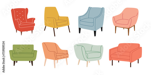 Armchair set. Modern colorful upholstered chairs. Cushioned modern seat furniture. Trendy scandinavian armchairs. Cartoon flat vector illustration isolated on a white background.