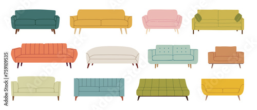 Set of trendy scandinavian sofas couches and armchairs. Modern, comfortable soft furniture collection for cozy home design. Colorful flat vector illustration isolated on white background. photo