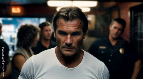 Portrait of a handsome tough guy in a road house. Bad boy thug watched by the police