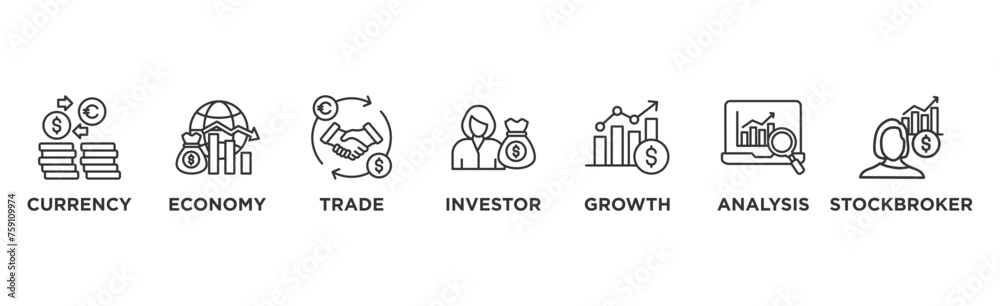 Fototapeta premium Forex banner web icon vector illustration concept with icon of currency, economy, trade, investor, growth, analysis and stockbroker 