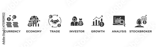 Forex banner web icon vector illustration concept with icon of currency, economy, trade, investor, growth, analysis and stockbroker	