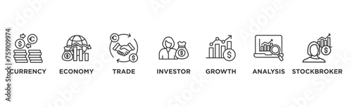 Forex banner web icon vector illustration concept with icon of currency, economy, trade, investor, growth, analysis and stockbroker	