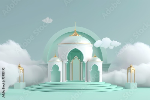 3D mosque with 3D Podium for Ramadan background, green and gold colour
