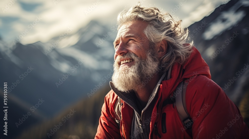 Elderly happy smiling gray-bearded and long-haired man in an orange jacket and with a backpack, breathing clean air in a mountain valley - obrazy, fototapety, plakaty 
