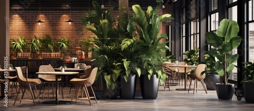 Potted plants add to the modern cafe ambiance photo