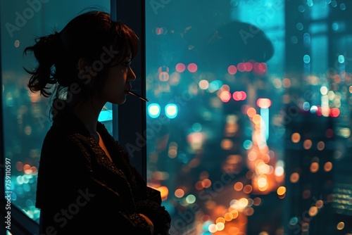 Side view of an attractive young woman stands near a large window, smoking and looking to a night city lighting landscape