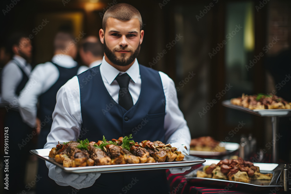 A restaurant transforms into a celebration hub as a waiter showcases exquisite meat dishes at a lively party  Generative AI