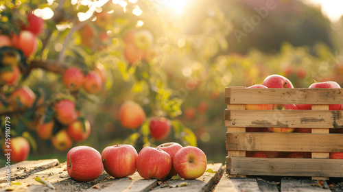 Apple Crate  On Wooden Table With Sunny Orchard Background Autumn Harvest Concept, Generative AI.
