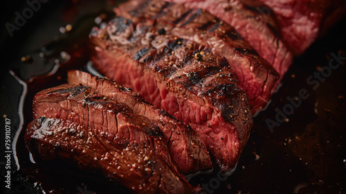 A grilled steak on dark background