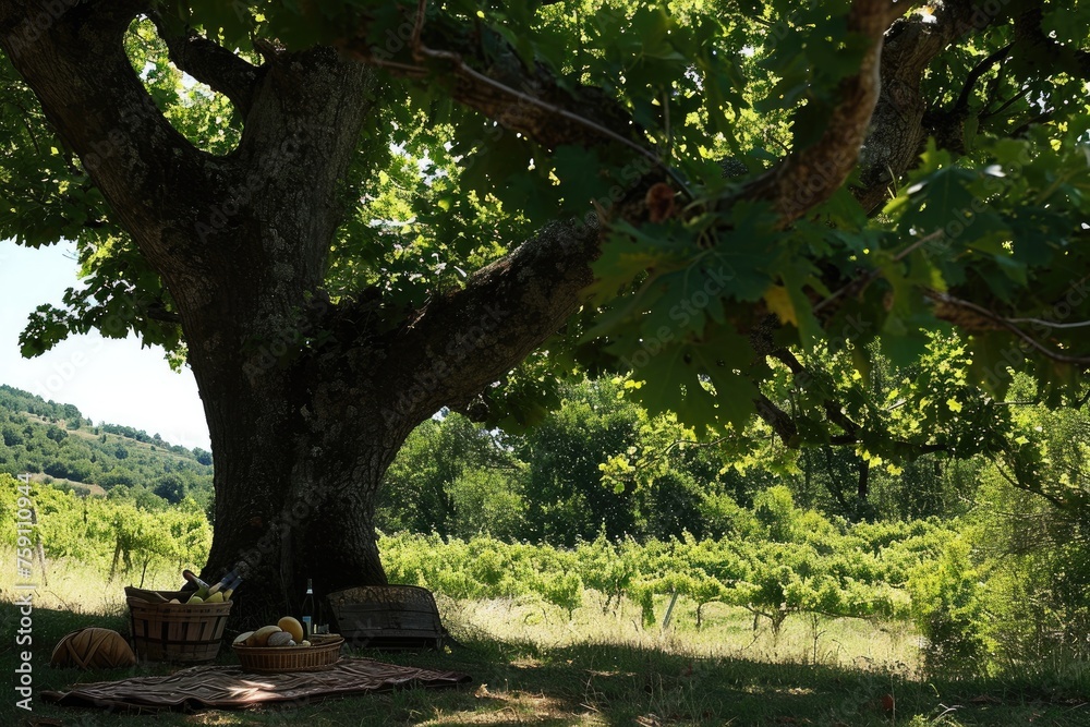 Picnic under a shady tree Natural green landscape Picnic under a shady tree Natural green landscape