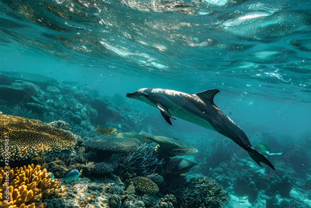 Fototapeta premium Marine life wonders depicted in vibrant oceanic scenes, Generative AI