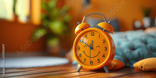 cartoon character happy smiling alarm clock on home at morning