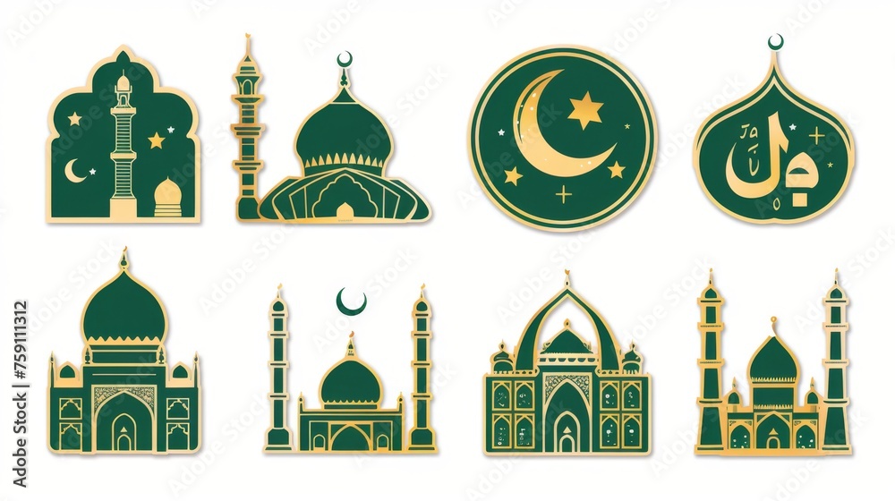 Ramadan Element Stickers Set Design, green and gold colour