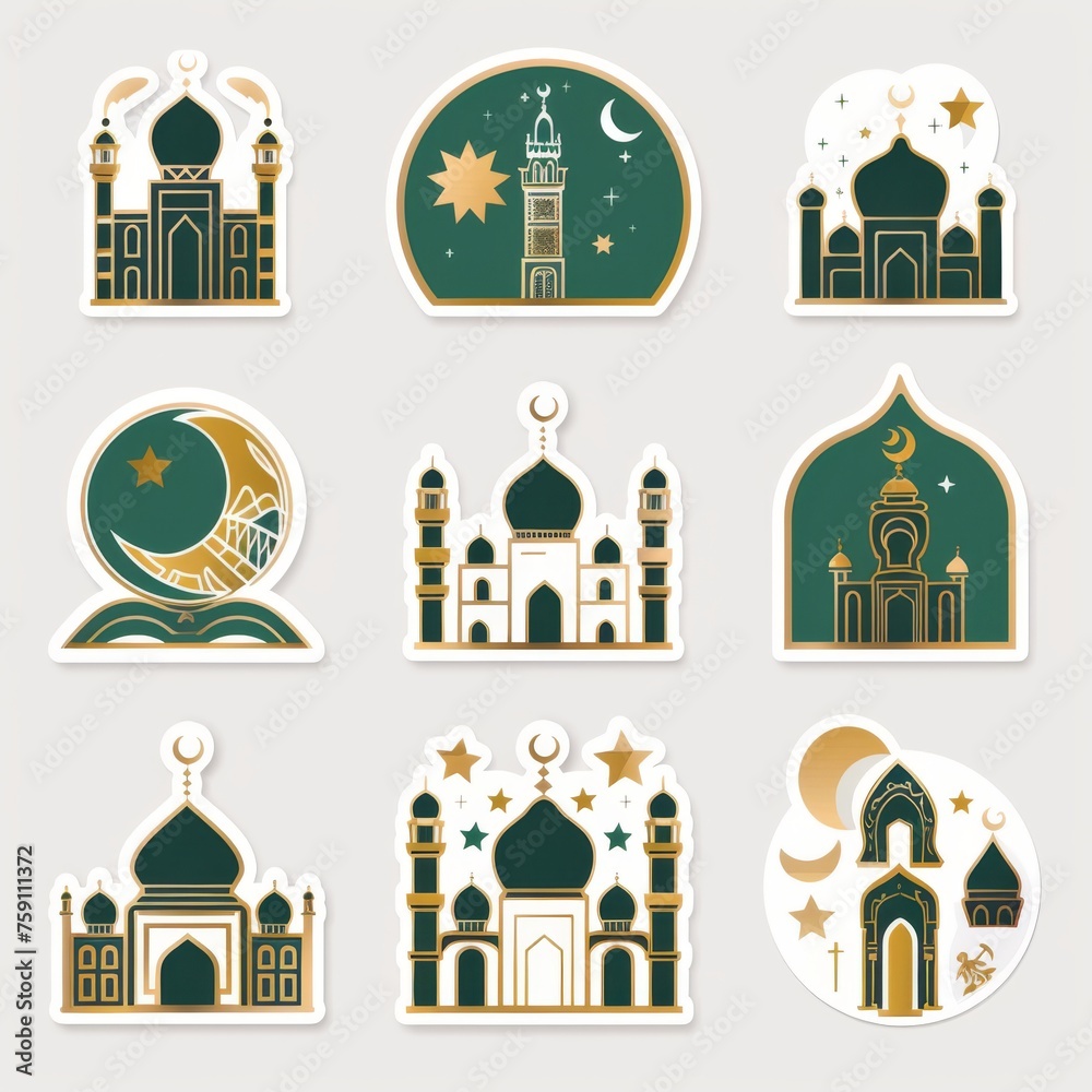 Ramadan Element Stickers Set Design, green and gold colour