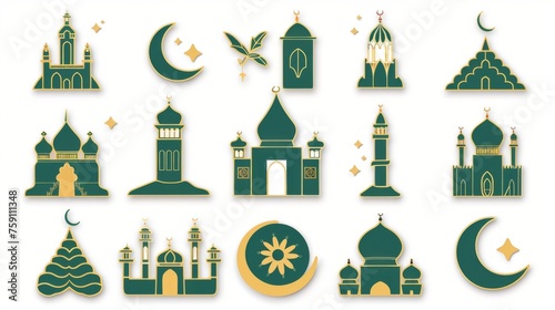 Ramadan Element Stickers Set Design  green and gold colour