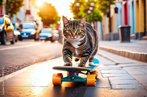 A cute cat rides a skateboard through the city streets © Евгений Порохин