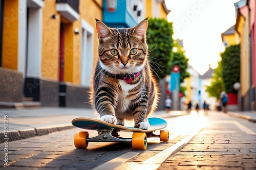 A fluffy ginger cat rides a skateboard through the city streets