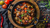 Succulent lamb stew in a pan, plum, tomatoes, silverskin pickles onions, olives