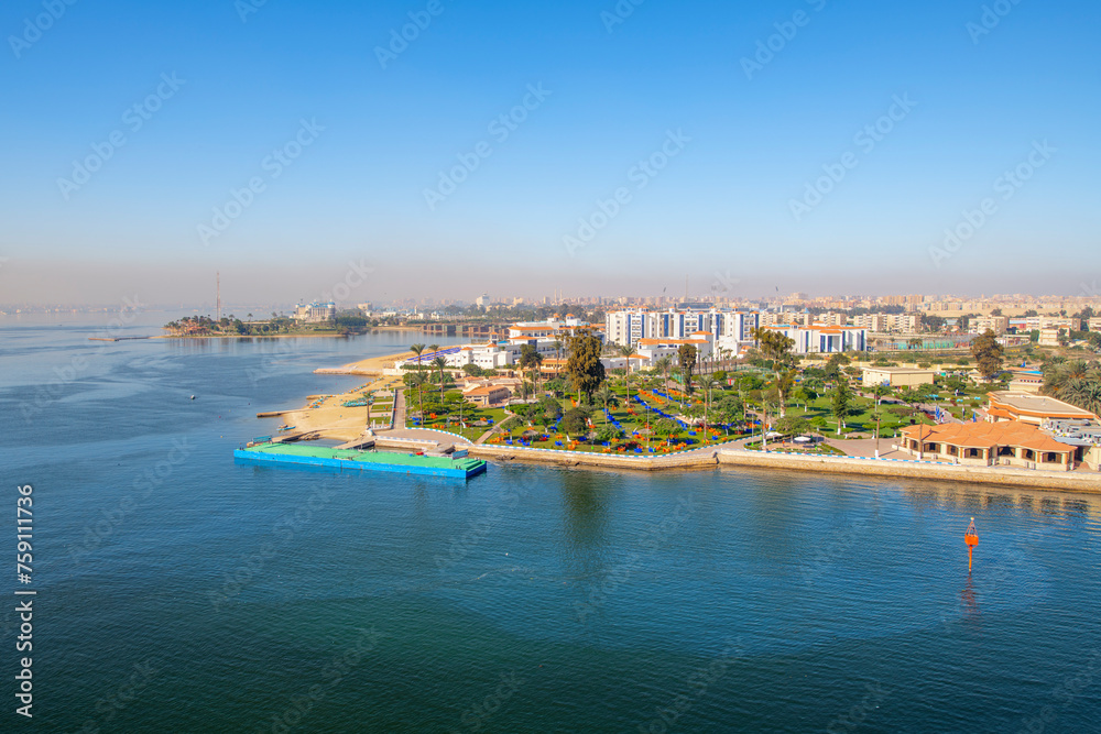 View of Lake Timsah, also known as Crocodile Lake; in the Nile delta along the Suez Canal region at the waterfront city of Al Isma'iliyah, also known as Ismailia, Egypt