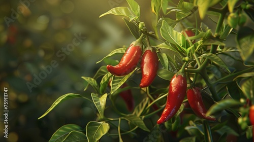 Lush Calabrian chili pepper plants in Italy, showcasing vibrant red ripe chili peppers ready for harvest under the Mediterranean sun.