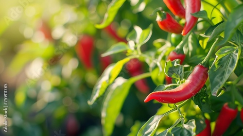 Lush Calabrian chili pepper plants in Italy, showcasing vibrant red ripe chili peppers ready for harvest under the Mediterranean sun. photo